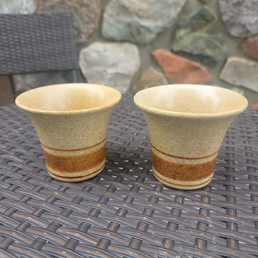 Vintage Pottery Craft Wine Cups Tumblers Drinkware Barware Set Of 2 Tan Stripe
